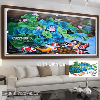Tranh đính đá cá cửu ngư quần hội KT:120x65cm. Tranh gắn đá tự làm.