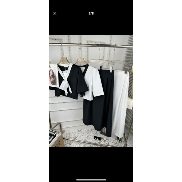 [8.8 Sales Freeship] Set váy tiểu thư vintage, set áo tay búp cổ v đính nơ to phối viền nút kèm chân váy dài sang trọng