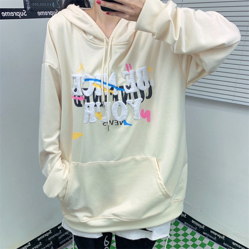 ZHELIHANGFEI Áo len in áo len tay dài kiểu dáng rộng theo phong cách sinh viên