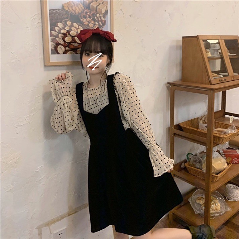 SET VÁY NHUNG ÁO REN TAY BỒNG ĐÓN TẾT  SET VÂY NHUNG ULZZANG