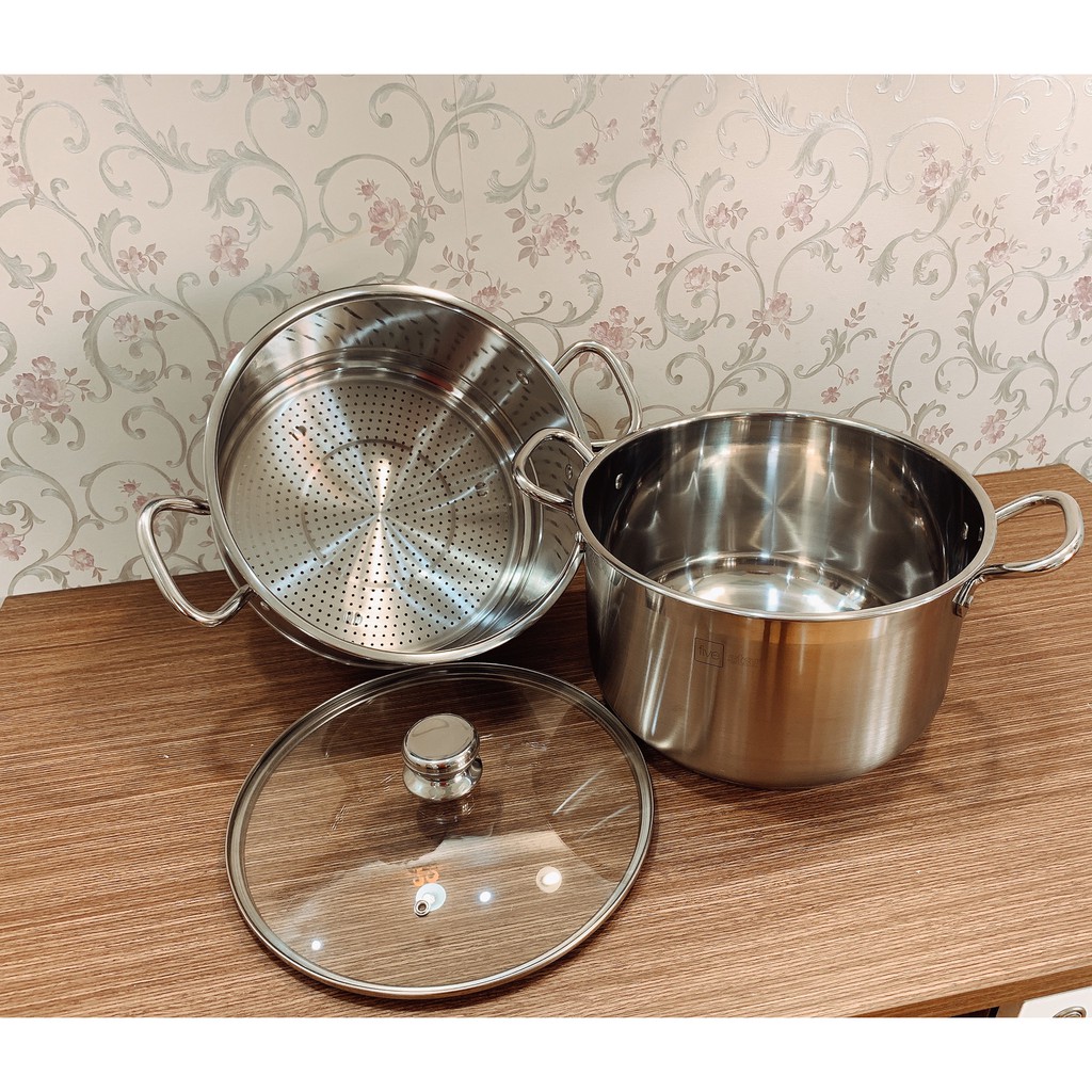 Bộ nồi xửng hấp 3 đáy inox 430 FiveStar Standard nắp kính tặng 2 muỗng canh (24cm /26cm / 28cm /30cm /32cm)