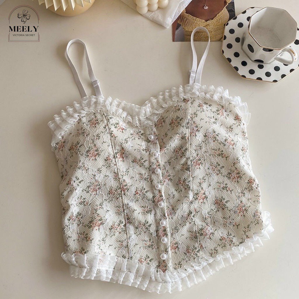 Áo bra ren hoa nhí đính khuy, Áo hai dây mẫu mới croptop
