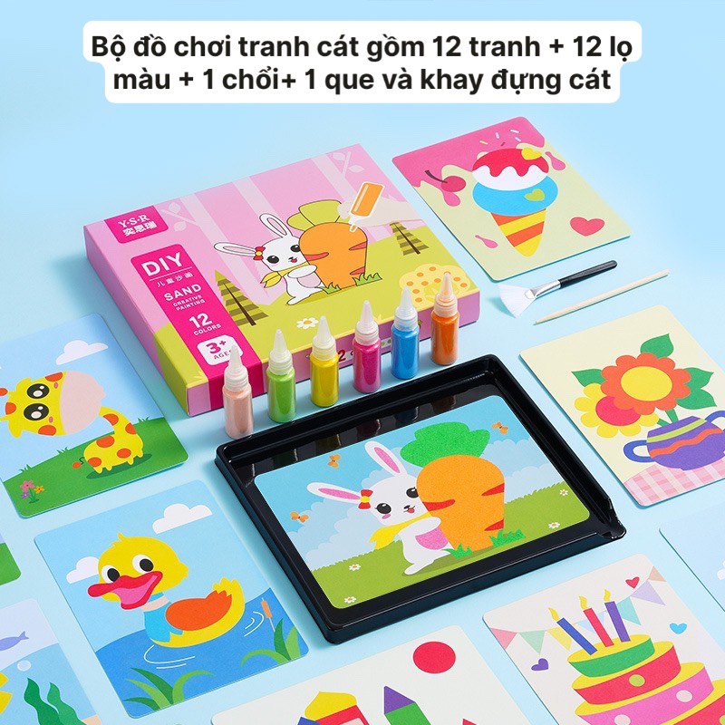 Hộp tranh cát 16 tranh 12 màu Sand Painting DIY kèm cọ và khay đựng cát kèm đầy đủ dụng cụ
