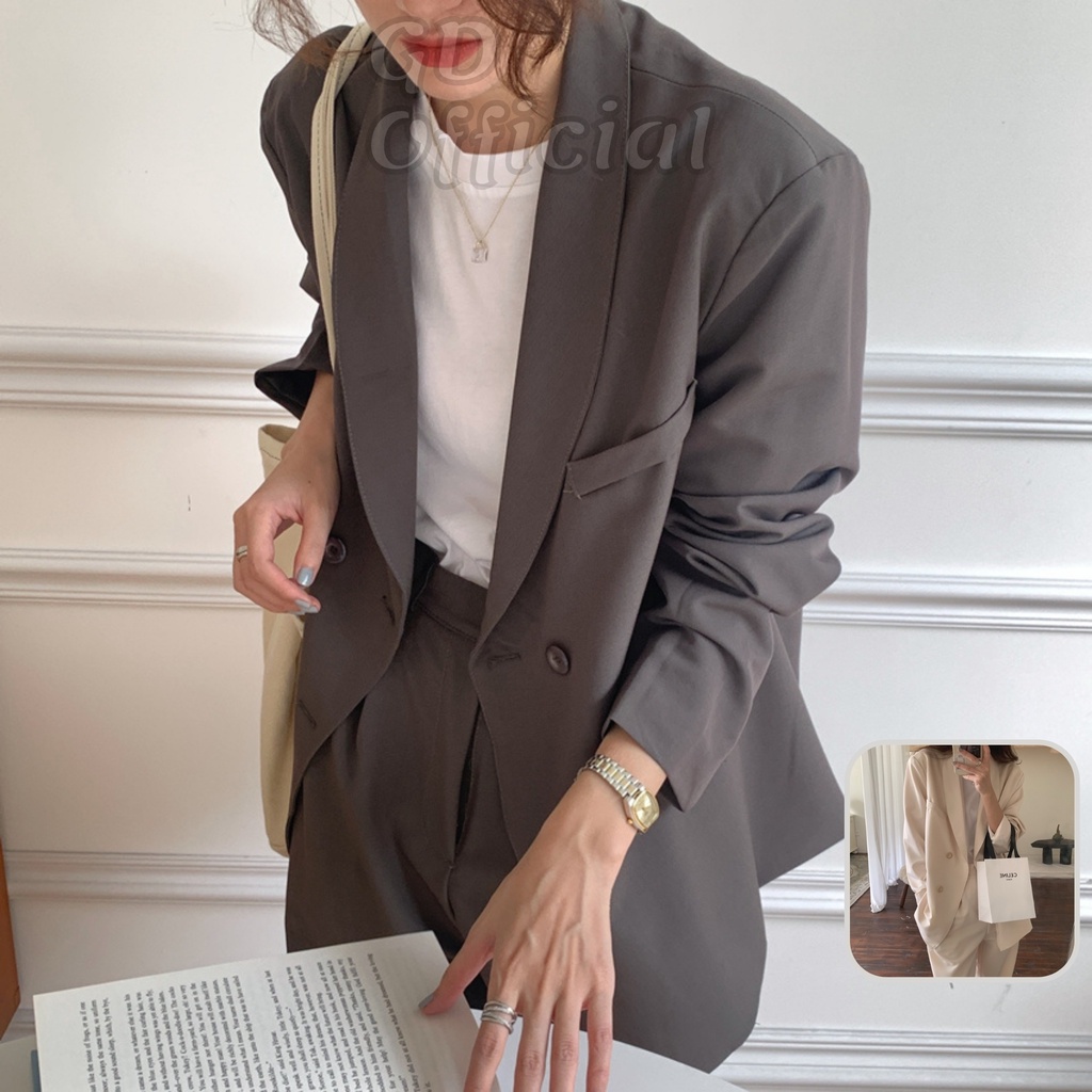 B76|Set bộ blazer âu nữ áo khoác dài tay, quần vest tây cạp lưng cao ống thẳng suông rộng cotton kem, cà phê GD Official