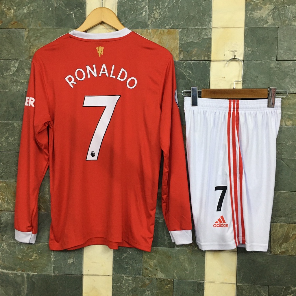 Bộ quần áo cầu thủ RONALDO MU đỏ TAY DÀI 2022, font chuẩn EPL