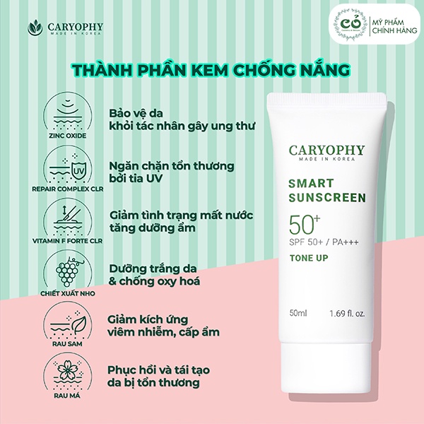 Kem Chống Nắng Đa Năng 3IN1 Caryophy Smart Sunscreen Tone Up SPF50+/ PA +++ 50ml