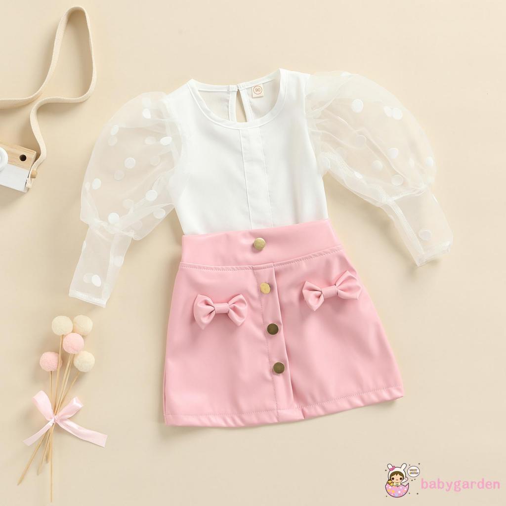 Bộ áo sơ mi trắng tay dài + chân váy đính nơ họa tiết chấm bi phối nút vàng thời trang cho bé gái 1-6 tuổi