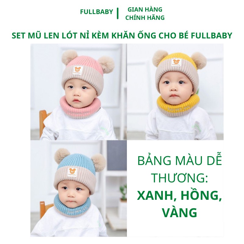 Mũ len cho bé kèm khăn ống ấm áp mềm mại dễ thương hai quả bông từ 0-4 tuổi