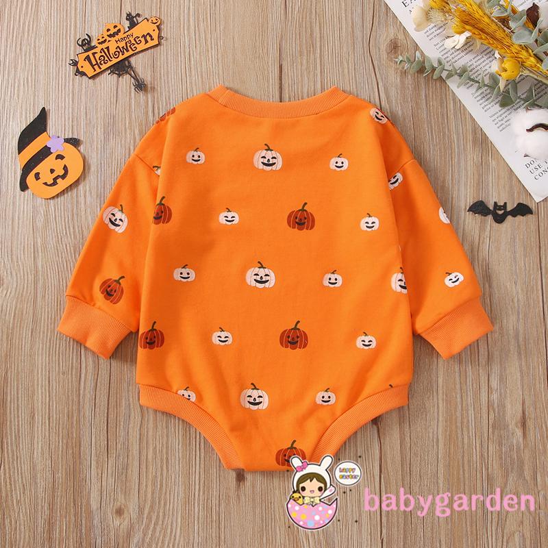 Áo Liền Quần Tay Dài Cổ Thuyền In Hình Bí Ngô Halloween Cho Bé 3-18 Tháng Tuổi