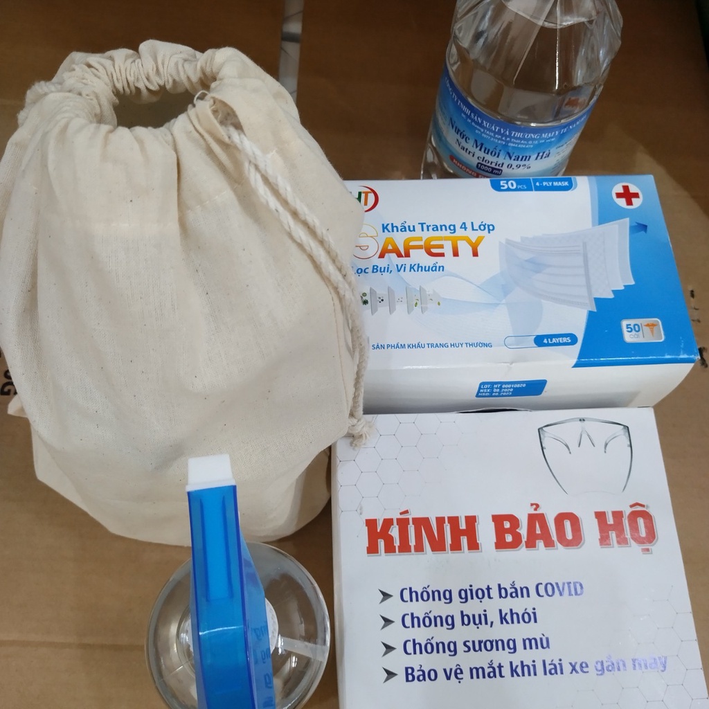 Túi Bảo Hộ | COMBO Khẩu Trang Cồn Nước Muối Kính Bảo Hộ | An Toàn Tiện Dụng | 4 in Túi