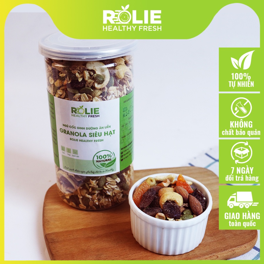 GRANOLA SIÊU HẠT THƠM NGON - 500GR (HẠNH NHÂN, HẠT ĐIỀU, SEN KHÔ,HẠT BÍ, MƠ SẤY DẺO, NHO KHÔ, DỪA KHÔ, YẾN MẠCH,...)