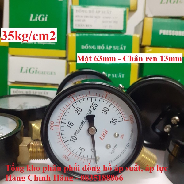 Đồng hồ đo áp suất nước hơi khí nén LiGi 35kg/cm2 mặt 63mm Chân ren 13mm