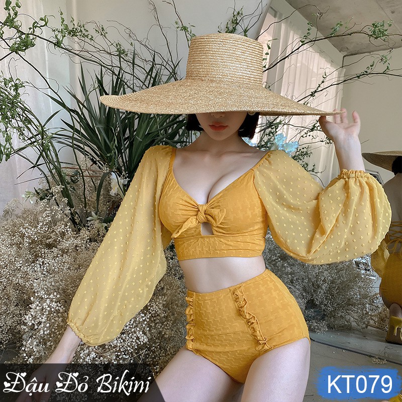 Bikini sexy nữ tay bồng điệu đà, siêu đẩy vòng 1, quần cạp cao che bụng phối bèo nhún tinh tế, chất xịn đẹp | KT079