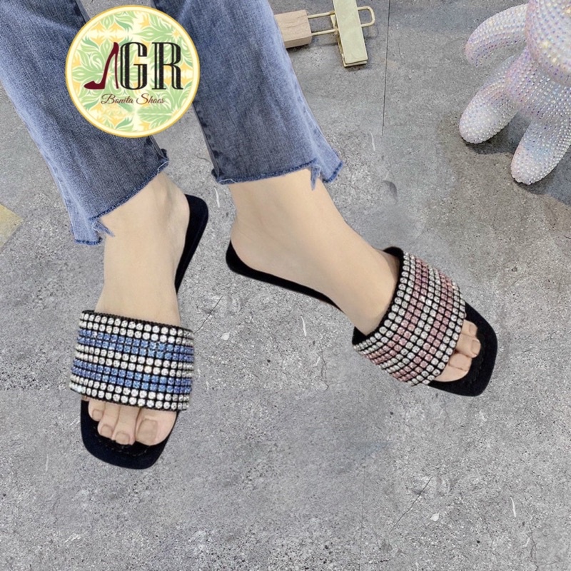Dép bản ngang lụa đính hạt đá cao cấp