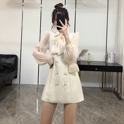 Váy dạ cổ nơ đầm dạ liền phối voan sang chảnh V151