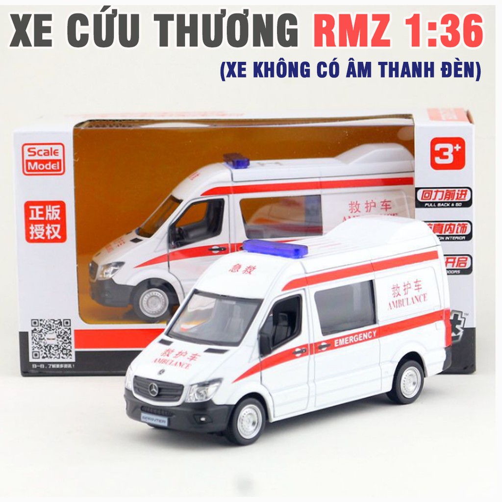 Xe cứu thương RMZ Đồ chơi trẻ em xe bằng sắt mở được cửa chạy bằng cót 1:36