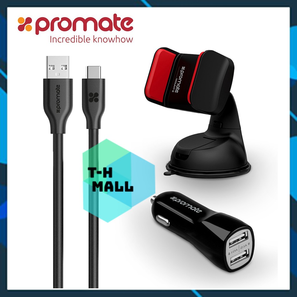 Bộ sạc Promate AutoKit-HM USB-C gồm Giá đỡ Ôto, Cáp Type-C, Cốc sạc Dual port