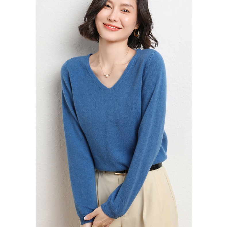 Áo Sweater Dệt Kim Tay Dài Cổ Chữ V Màu Sắc Thanh Lịch