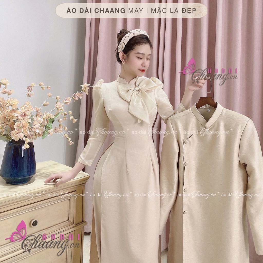 [Mã SKAMFSW175 giảm 10K đơn 50K] Áo Dài Truyền Thống Vai Bồng May Sẵn Lụa Tơ Tây Thi Đính Nơ Da Be Đậm Đẹp