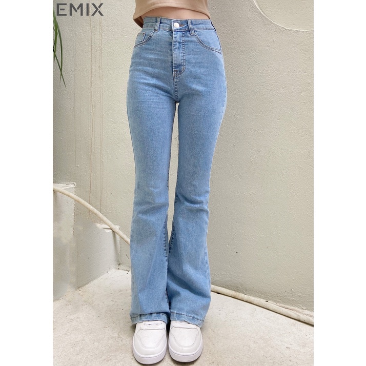 Quần jean ống loe EMIX (2 màu), basic trouser, dáng dài 100cm, lưng cao co giãn, ống ôm và loe, chất vải jeans mềm 97