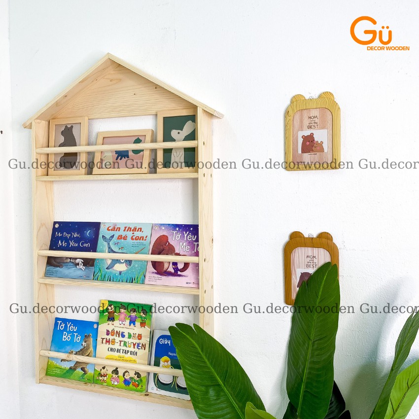 Gía sách cho bé, giá để sách treo tường hình ngôi nhà bằng Gỗ, trang trí phòng trẻ em
