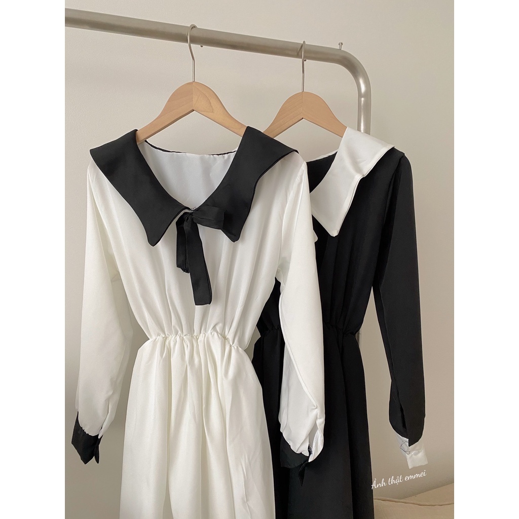 Váy babydoll nơ cổ dài tay trắng đen, đầm tiểu thư emmei v114