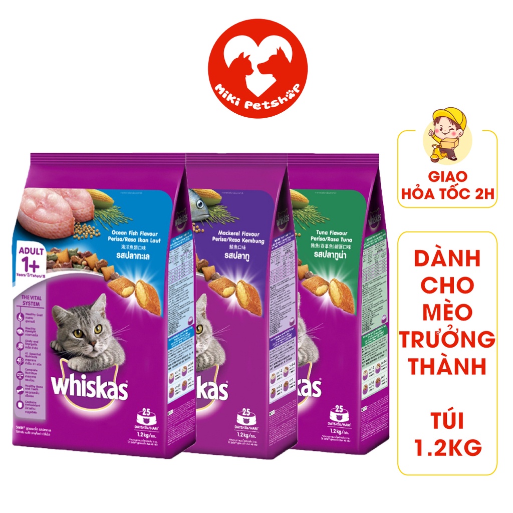 Thức Ăn Cho Mèo Hạt Whiskas Dành Cho Mèo Trưởng Thành Túi 1.2Kg - Miki Petshop