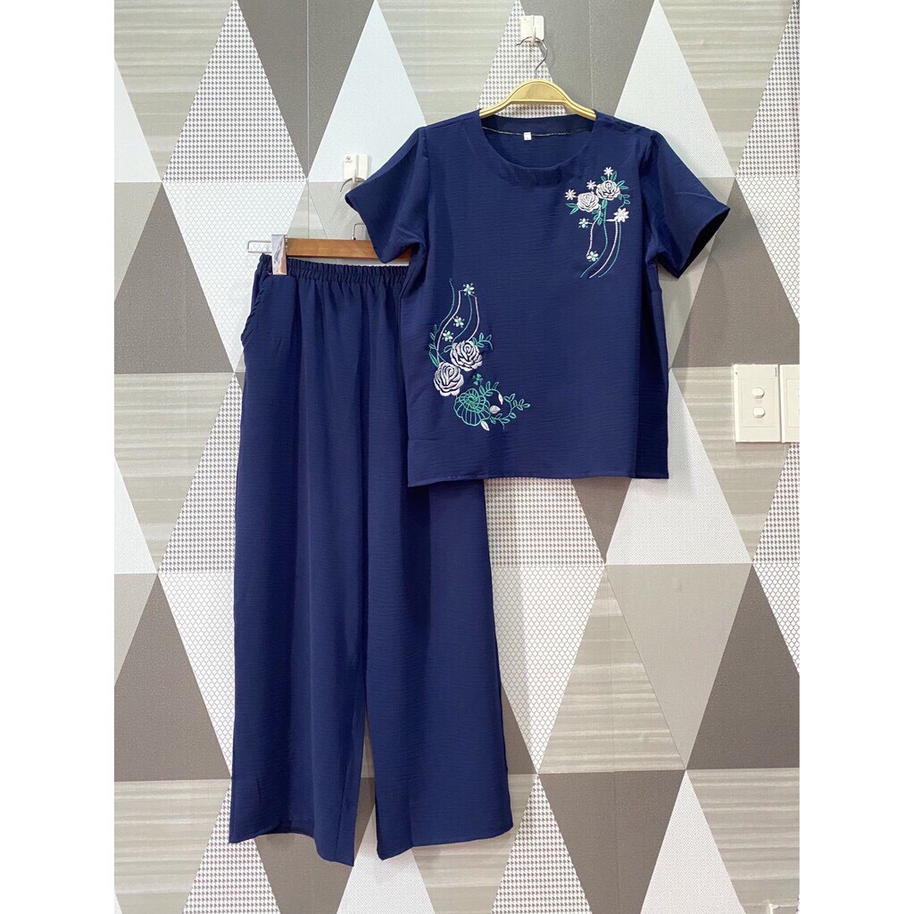 Bộ Đồ Trung Niên- Bộ Đũi Thêu 2 Bông Dành Cho Người Lơn Tuổi May SHop