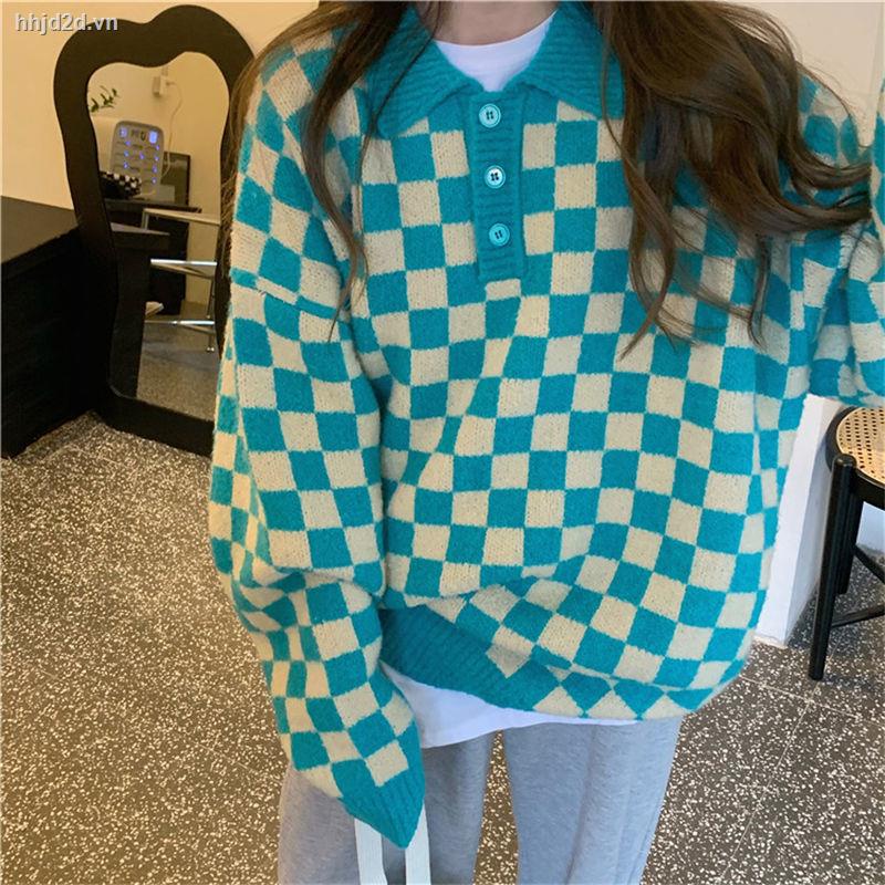 Áo sweater dệt kim cổ POLO dáng rộng in họa tiết kẻ ô phong cách retro Hong Kong thời trang thu đông Hàn Quốc 7 ngày cho nữ | BigBuy360 - bigbuy360.vn