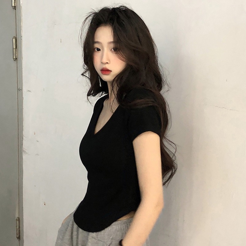 Áo Thun Croptop Tay Ngắn Cổ Chữ V Màu Trơn Phong Cách Hàn Quốc Thời Trang Mùa Hè Cho Nữ