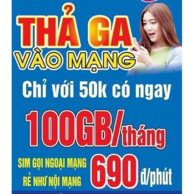 Sim 4G Vina 100GB/tháng, cước phí chỉ 50k/tháng