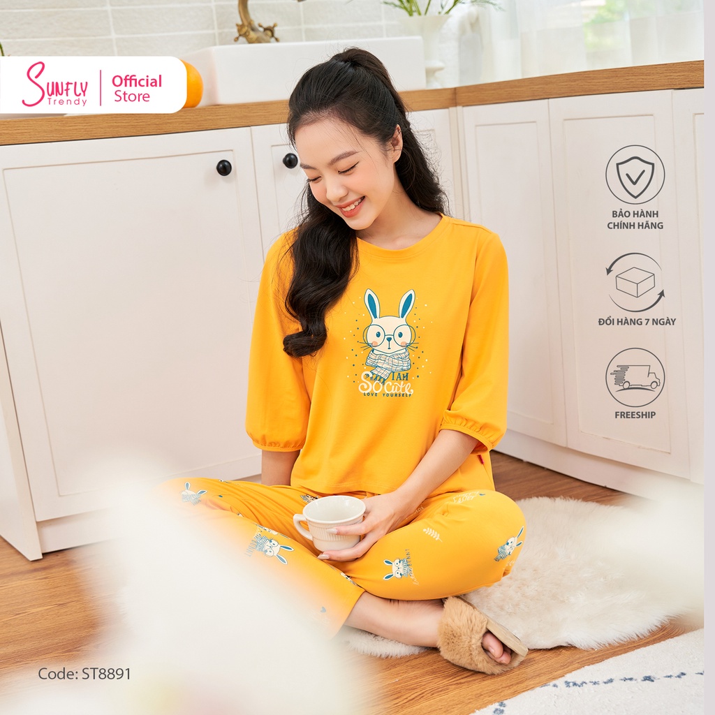 Bộ mặc nhà nữ cotton SUNFLY áo tay lỡ, quần dài ST8891