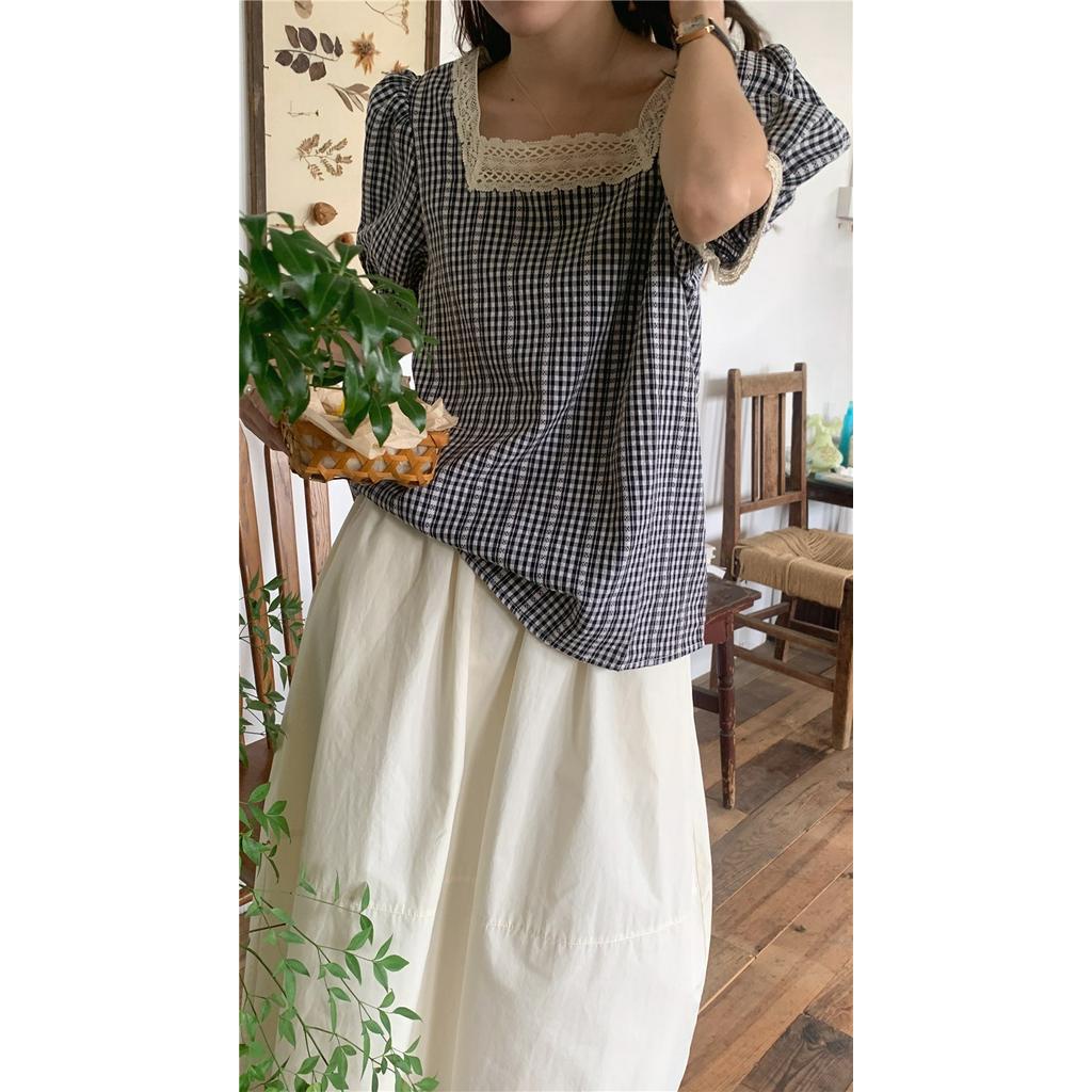 Áo Sơ Mi Nữ Tay Ngắn Kẻ Sọc Caro Phối Ren 54808