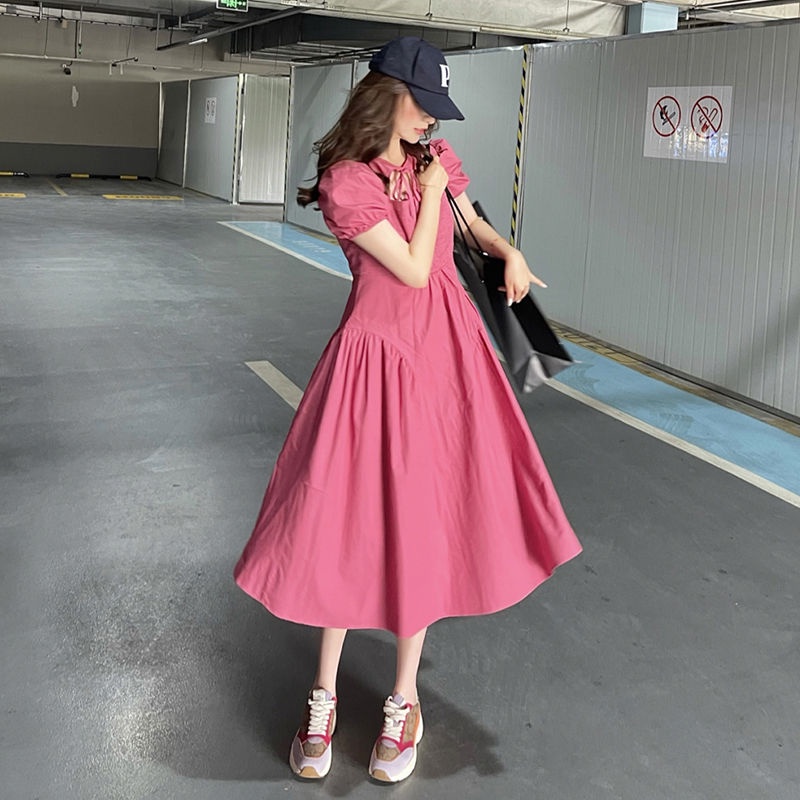Đầm Dài Qua Gối Thắt Nơ Phong Cách Retro Màu Cà Phê Nhẹ Nhàng Mùa Hè Cho Nữ