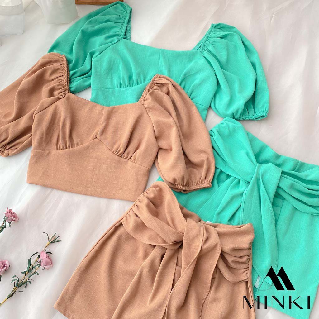 SET ÁO CỔ VUÔNG + CHÂN VÁY CỘT NƠ - CHẤT LIỆU KAKI NHẬP KHẨU - MÀU XANH NGỌC/NÂU TÂY [HÀNG THIẾT KẾ] | BigBuy360 - bigbuy360.vn