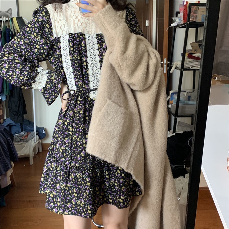 Đầm Hoa Phối Ren Thời Trang Thu Đông Cho Nữ