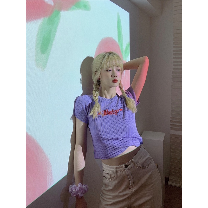 Áo Thun Dệt Kim Tay Ngắn Dáng Ôm Thời Trang Hàn Quốc Cho Nữ