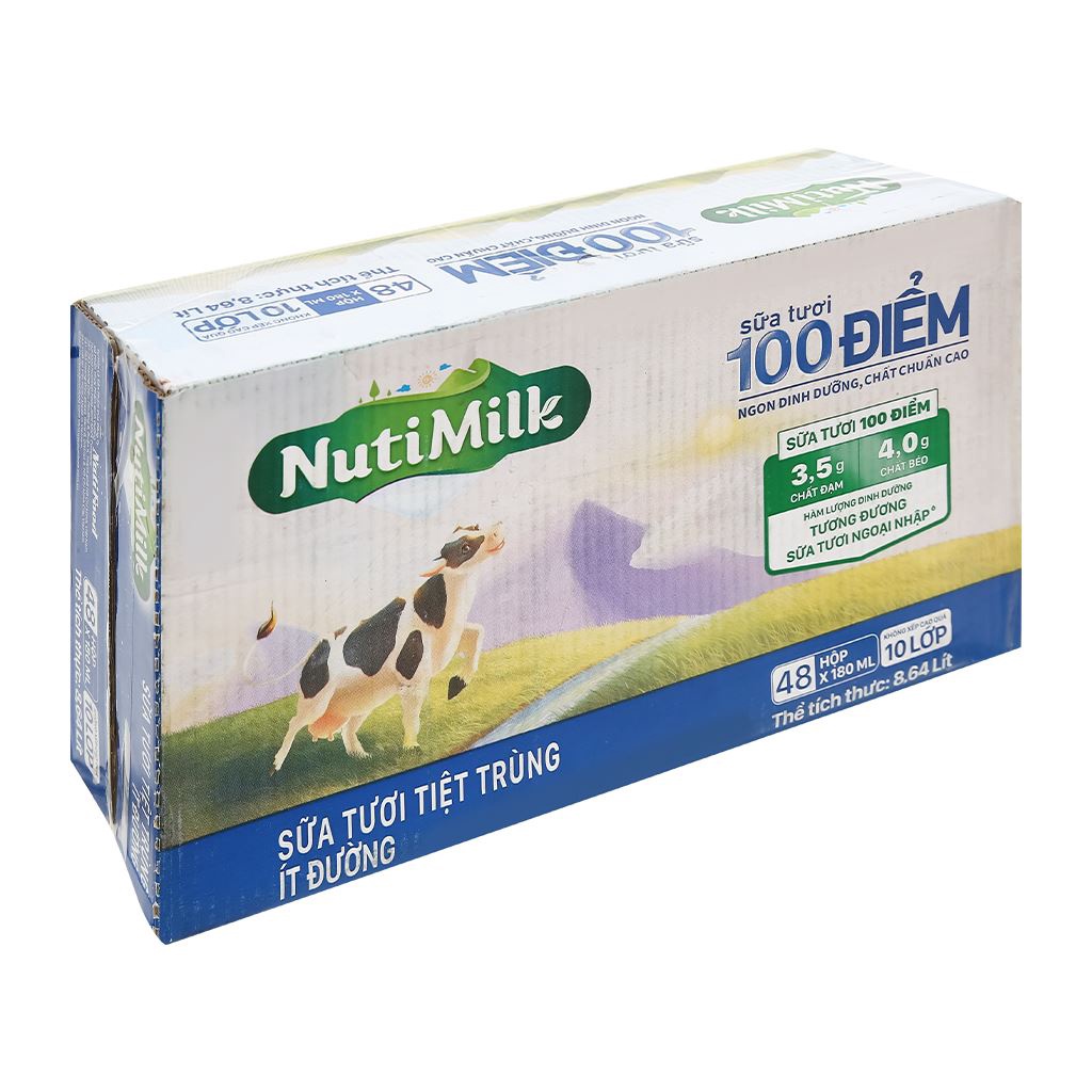 Thùng 48 hộp NutiMilk Sữa tươi 100 điểm - Sữa tươi tiệt trùng 110ml (Có đường, ít đường, Đường đen, Không đường)