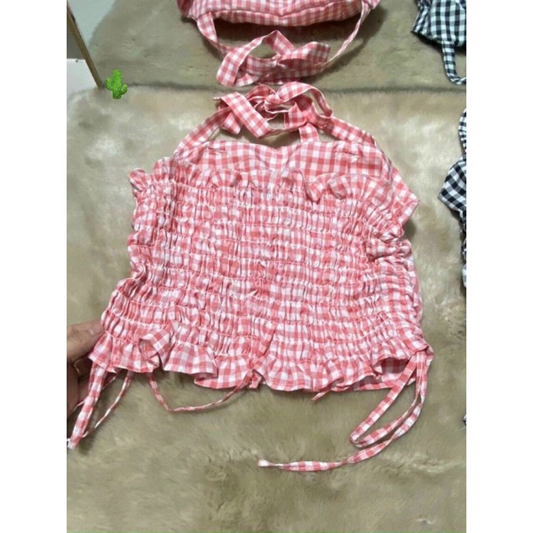 Áo yếm caro rút dây eo kèm mod ngực