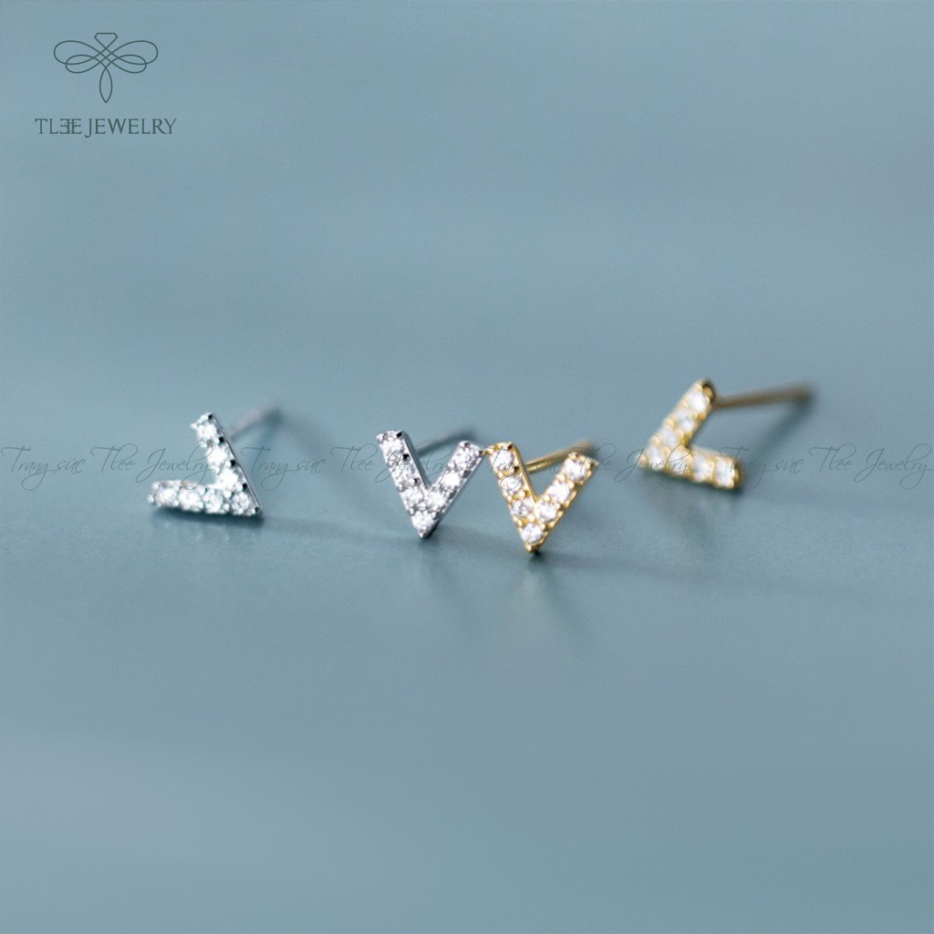 Khuyên tai bạc nữ TLEE chữ V nạm đá mini xinh xắn NCJ B0135