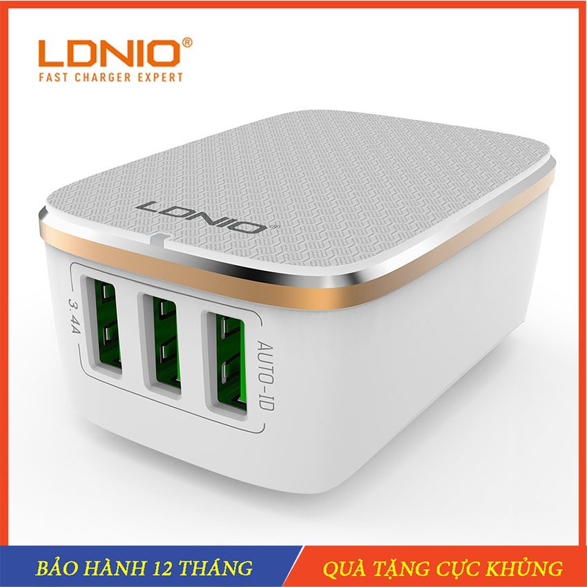 Củ sạc điện thoại 3 cổng USB Chính hãng LDNIO  - Củ sạc nhanh nhỏ gọn phù hợp bỏ túi, du lịch , dã ngoại