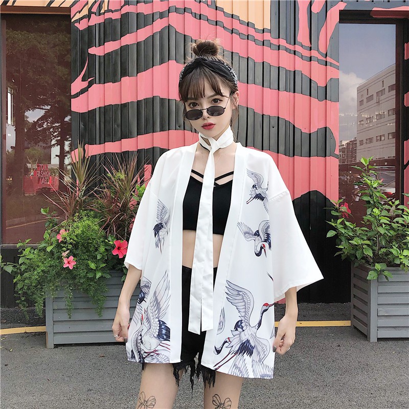 💥 Áo khoác kimono haori hạc trắng đen