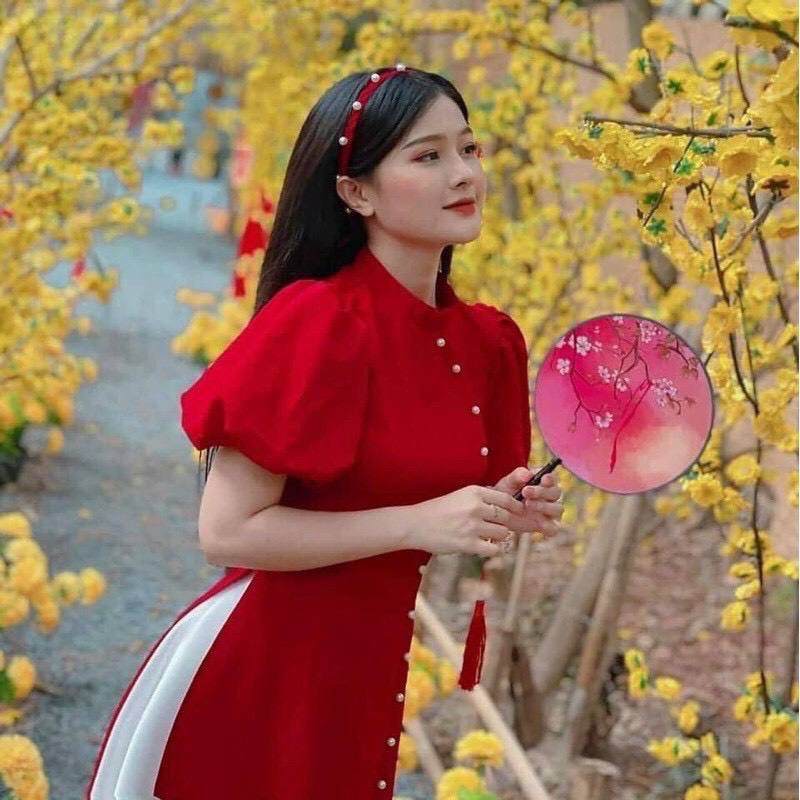 SET ÁO DÀI ĐỎ TAY BỒNG ĐÍNH NÚT + CHÂN VÁY VOAN TRẮNG ✨