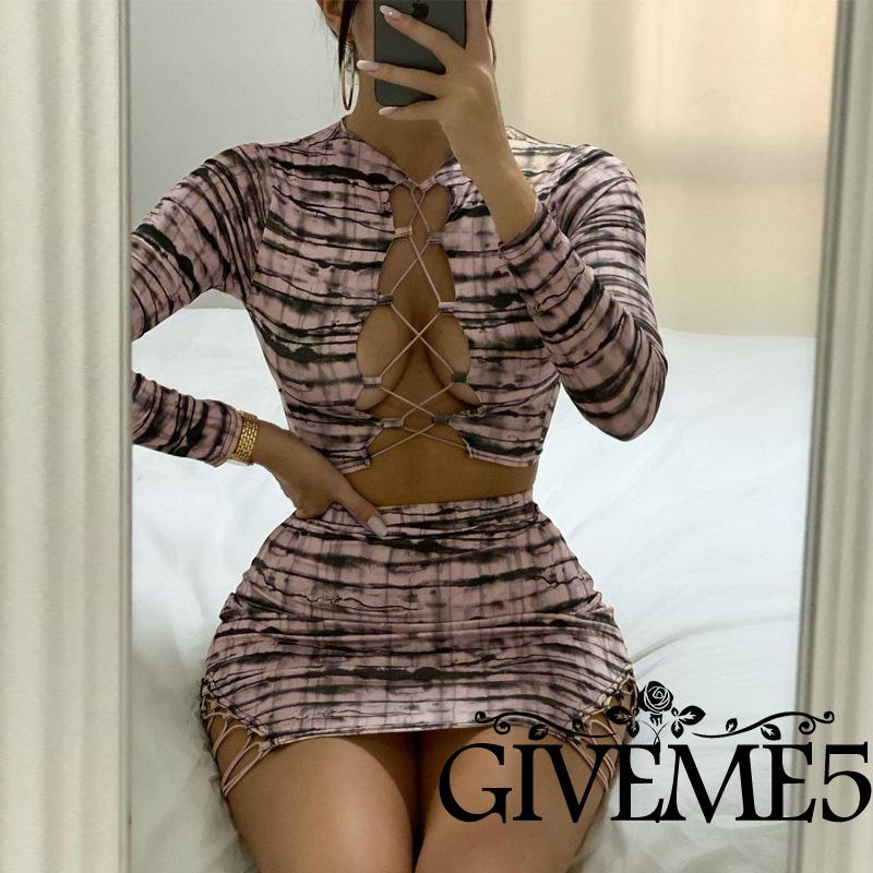 Set áo croptop dài tay và chân váy bút chì họa tiết nhuộm màu thời trang dành cho nữ