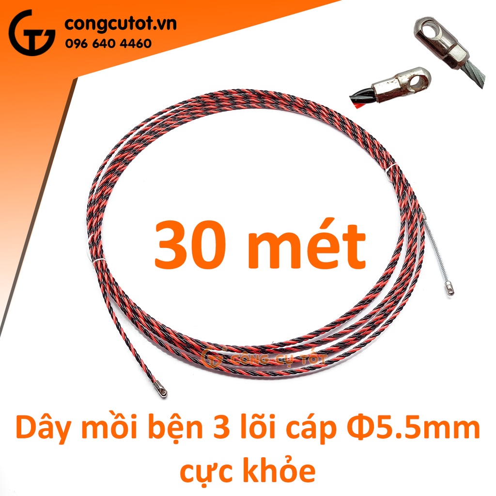 Dây mồi bện 3 lõi cáp Ø6mm cực khỏe vằn đỏ đen dài 30m