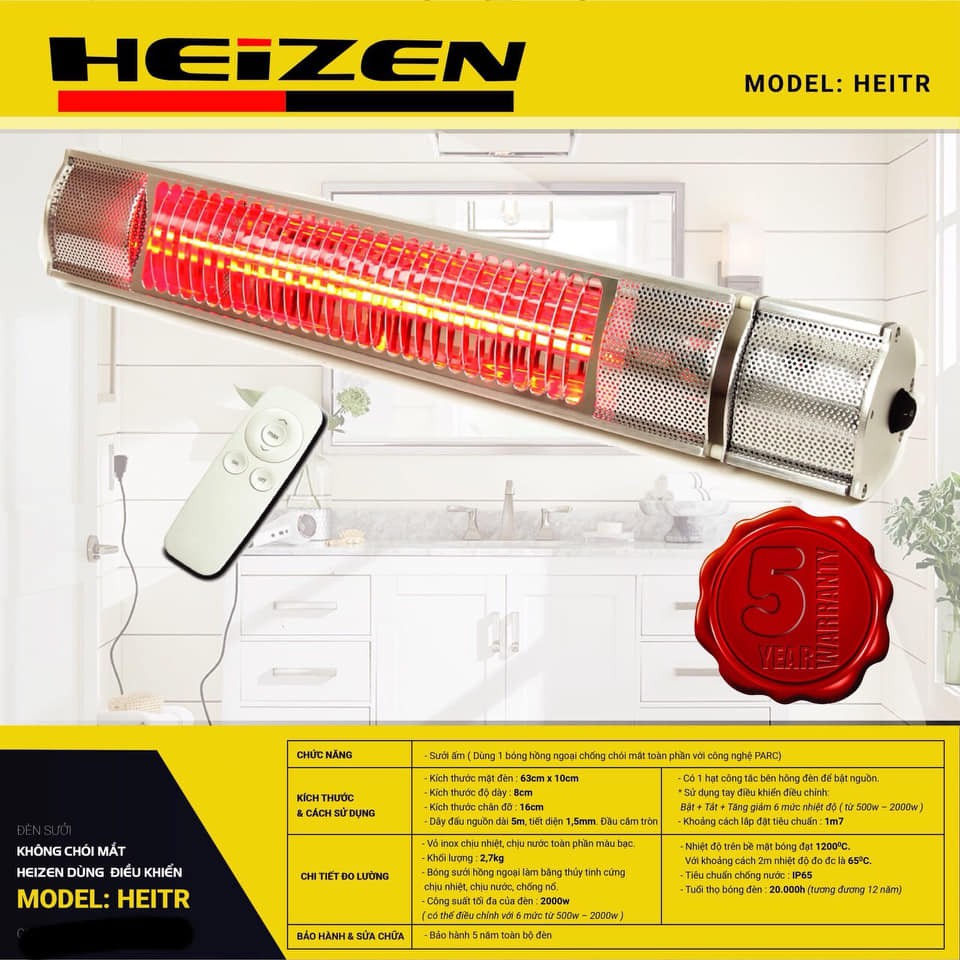 Đèn sưởi nhà tắm không chói mắt 2000W có điều khiển Heizen HEITR [HE-ITR]