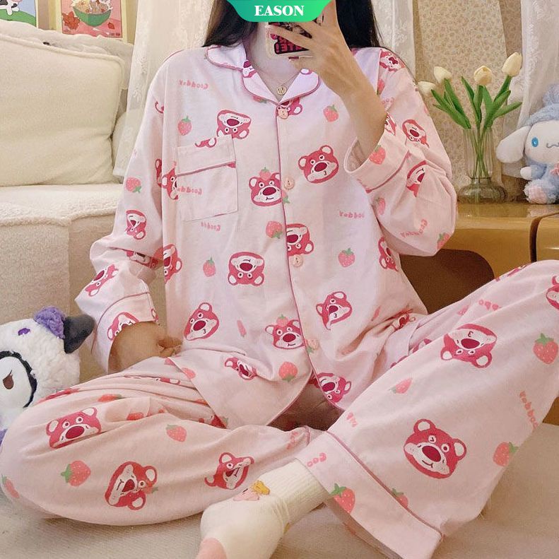 Bộ Đồ Ngủ Tay Dài In Họa Tiết Trái Dâu Dễ Thương Thời Trang Mùa Thu Cho Nữ