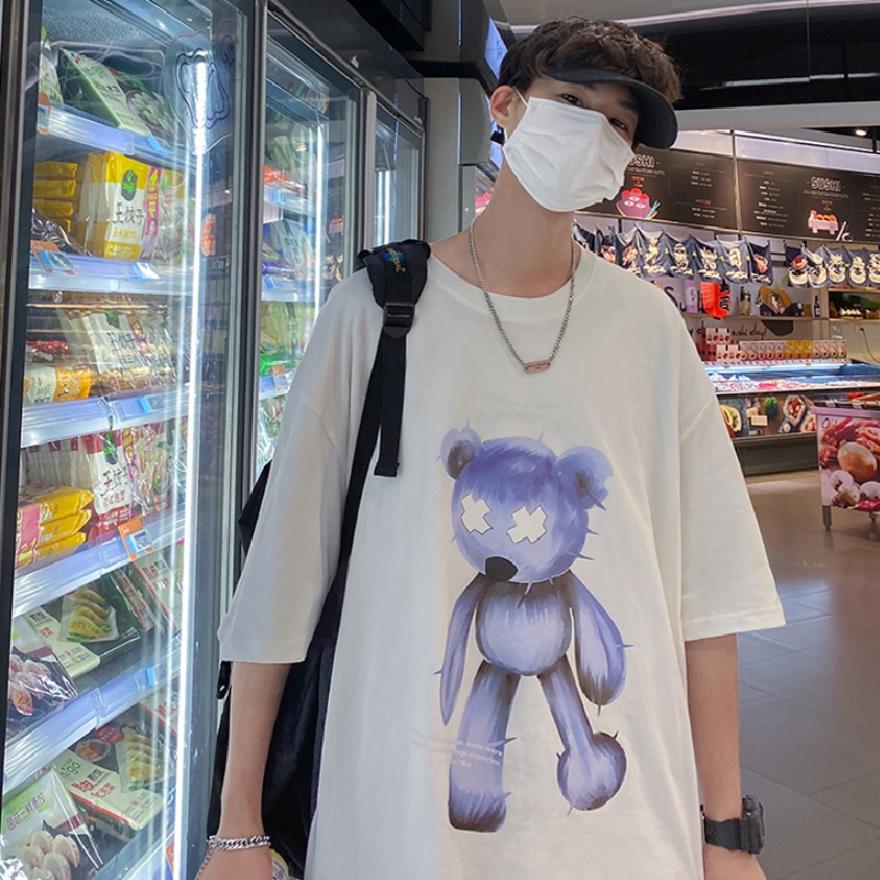 Áo thun tay ngắn cổ tròn dáng rộng in họa tiết gấu phong cách cá tính Hàn Quốc thời trang đường phố cho nam size S-8XL