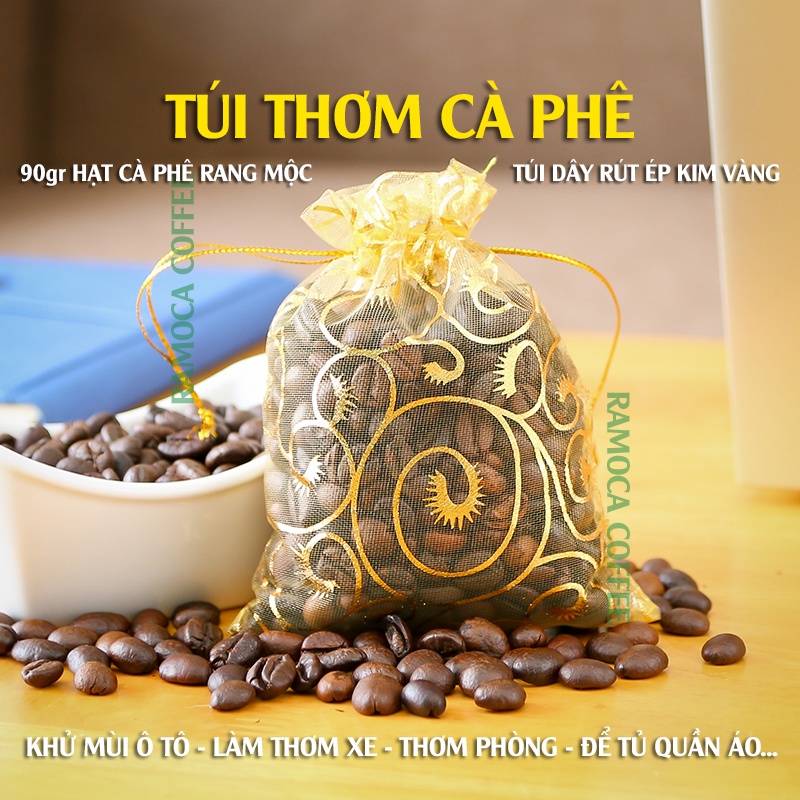 Túi thơm hạt cà phê rang mộc II 80gr II hút ẩm, khử mùi, làm thơm xe ô tô, tủ quần áo II túi vải voan dây rút vàng kim