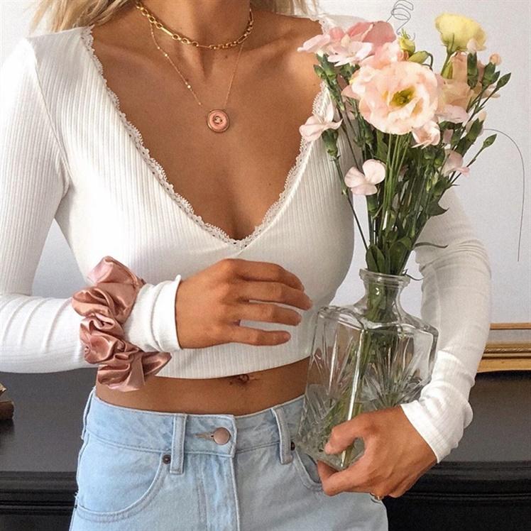 DRESSINGUP-Áo croptop hở lưng tay dài dáng ôm gợi cảm